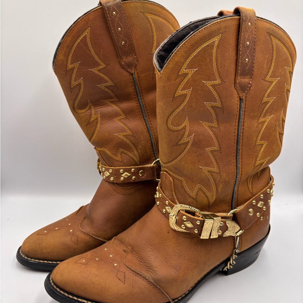 Vtg Women's Acme Tan Leather Western Boots With Chains & Buckles Size 11